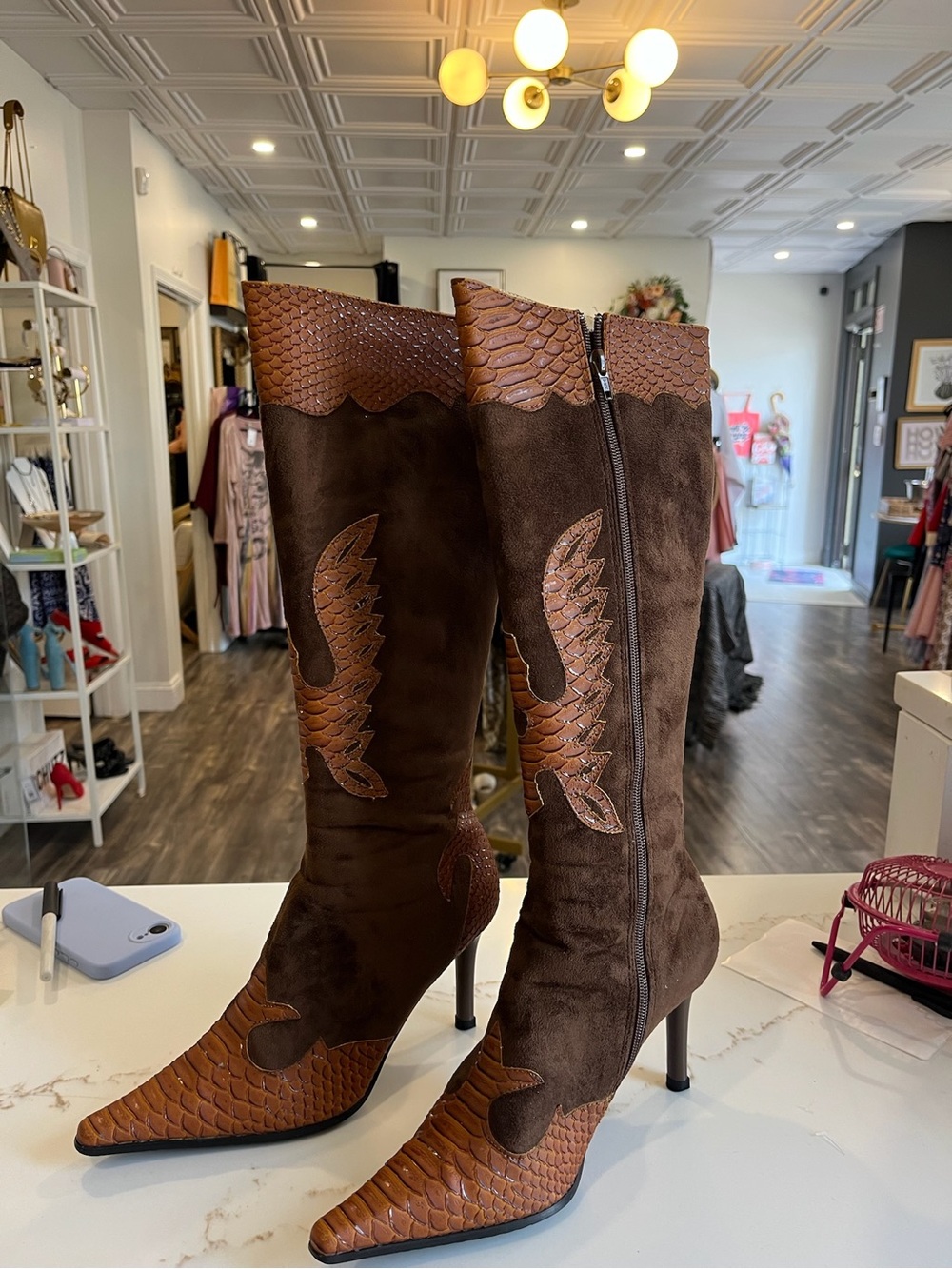 Women’s Brown Leather & Suede High Heel Knee Boots
